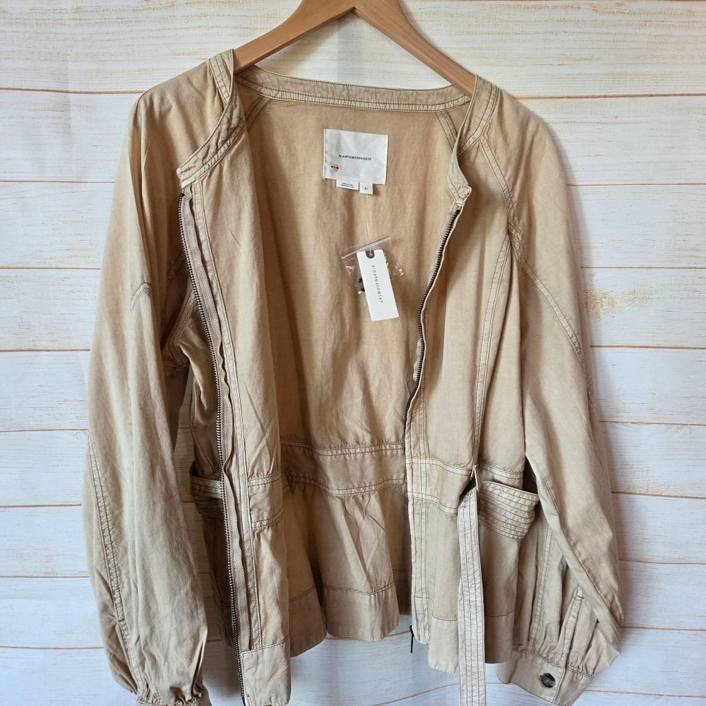 By Anthropologie Belted Round Neck Utility Jacket Tan Brown Size XL Sand Sable - Picture 12 of 15